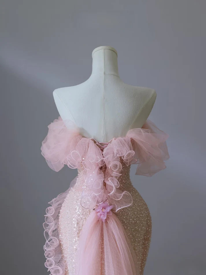 Pink gorgeous shiny beautiful fashionable elegant off-shoulder sequined long mermaid slim prom dress evening dress nv3792