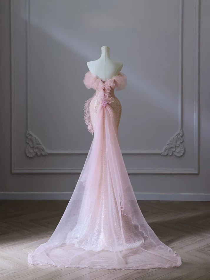 Pink gorgeous shiny beautiful fashionable elegant off-shoulder sequined long mermaid slim prom dress evening dress nv3792