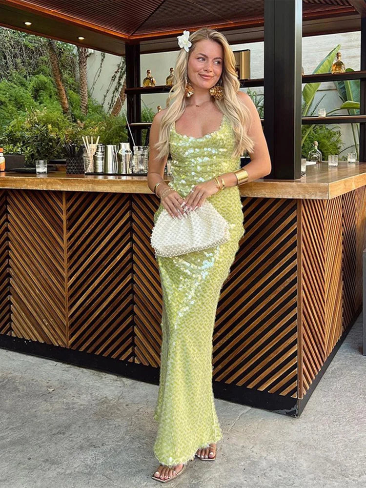 Green fashion elegant suspender long sequined ball gown birthday cocktail party dress evening dress prom dress nv3959
