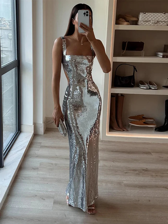 Silver Fashion Sequin Sexy Bodycon Halter Ball Gown Mermaid Evening Dress nv1799