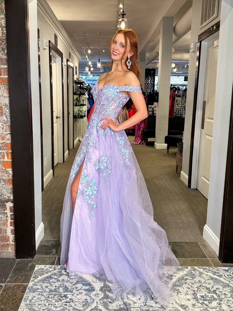 Shiny V Neck Off Shoulder Lilac Lace Long Prom Dresses, Lilac Lace Formal Dresses, Purple Tulle Evening Dresses nv1507