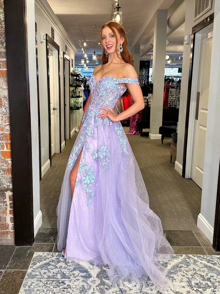 Shiny V Neck Off Shoulder Lilac Lace Long Prom Dresses, Lilac Lace Formal Dresses, Purple Tulle Evening Dresses nv1507