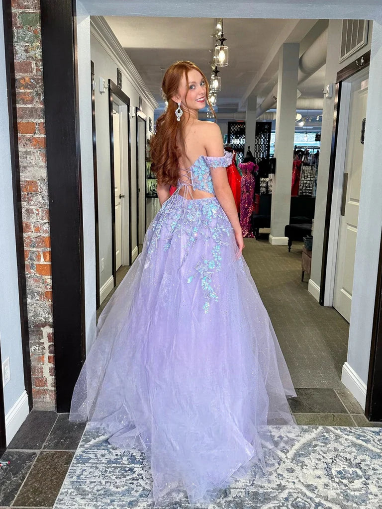 Shiny V Neck Off Shoulder Lilac Lace Long Prom Dresses, Lilac Lace Formal Dresses, Purple Tulle Evening Dresses nv1507
