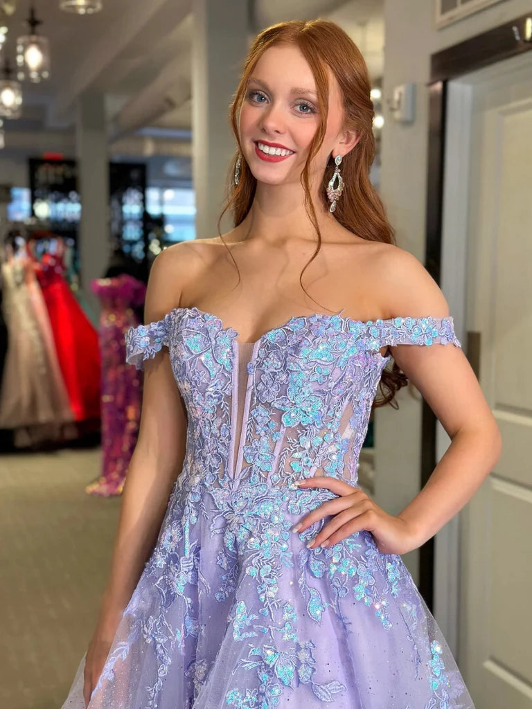 Shiny V Neck Off Shoulder Lilac Lace Long Prom Dresses, Lilac Lace Formal Dresses, Purple Tulle Evening Dresses nv1507