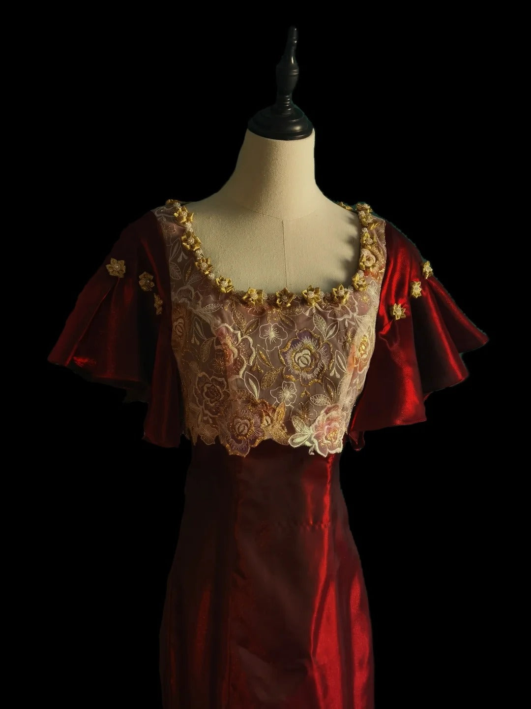 Burgundy Gorgeous Retro Fashion Sophisticated Elegant Gold Floral Beaded Long Tulle Chiffon lace Ball Gown Evening Gown Party Dress Prom Gown nv3899