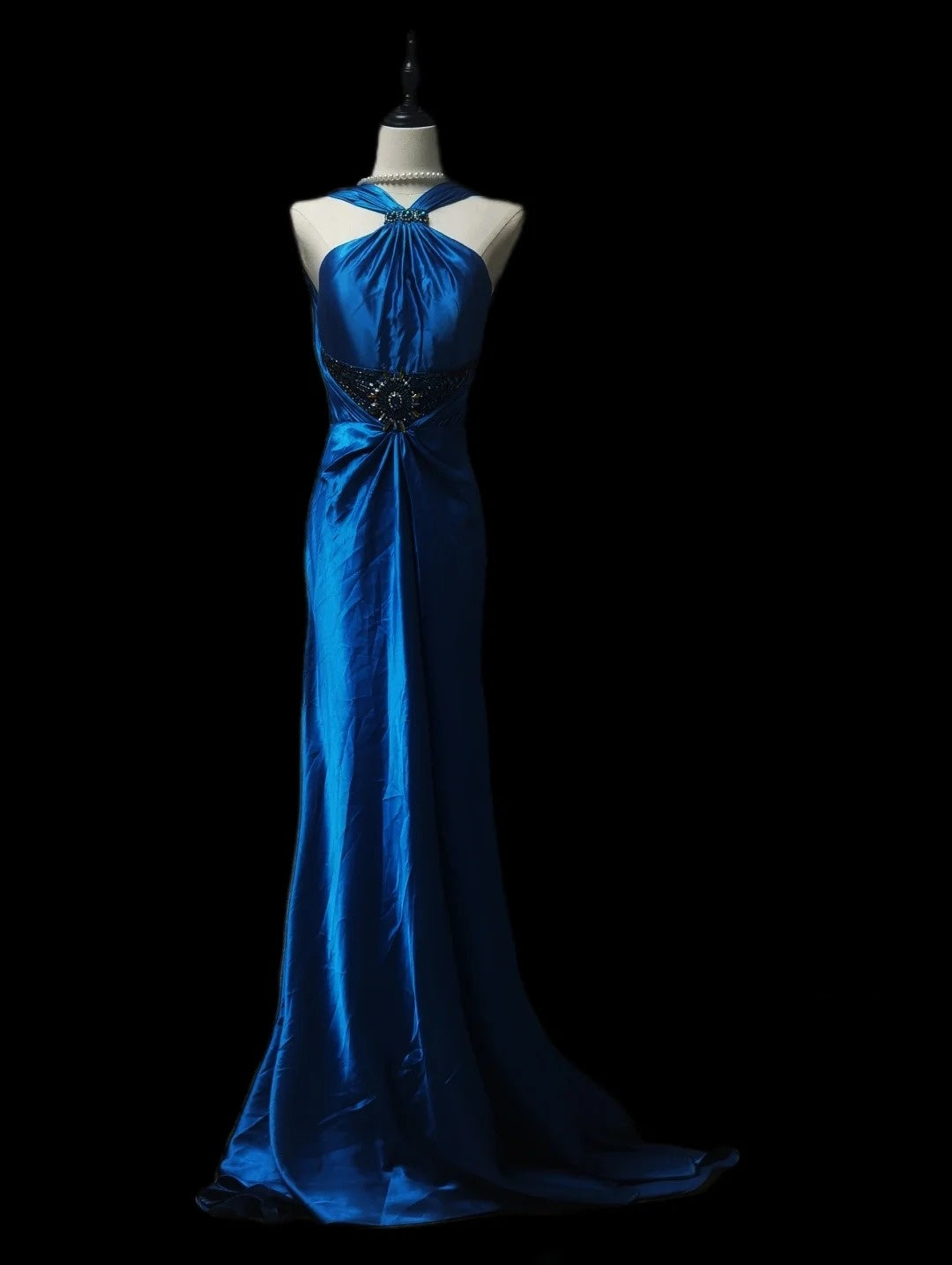 Blue Stylish Elegant Exquisite Gemstone Beaded Long Satin Floor Length Ball Gown Evening Gown Party Dress Prom Gown nv3900
