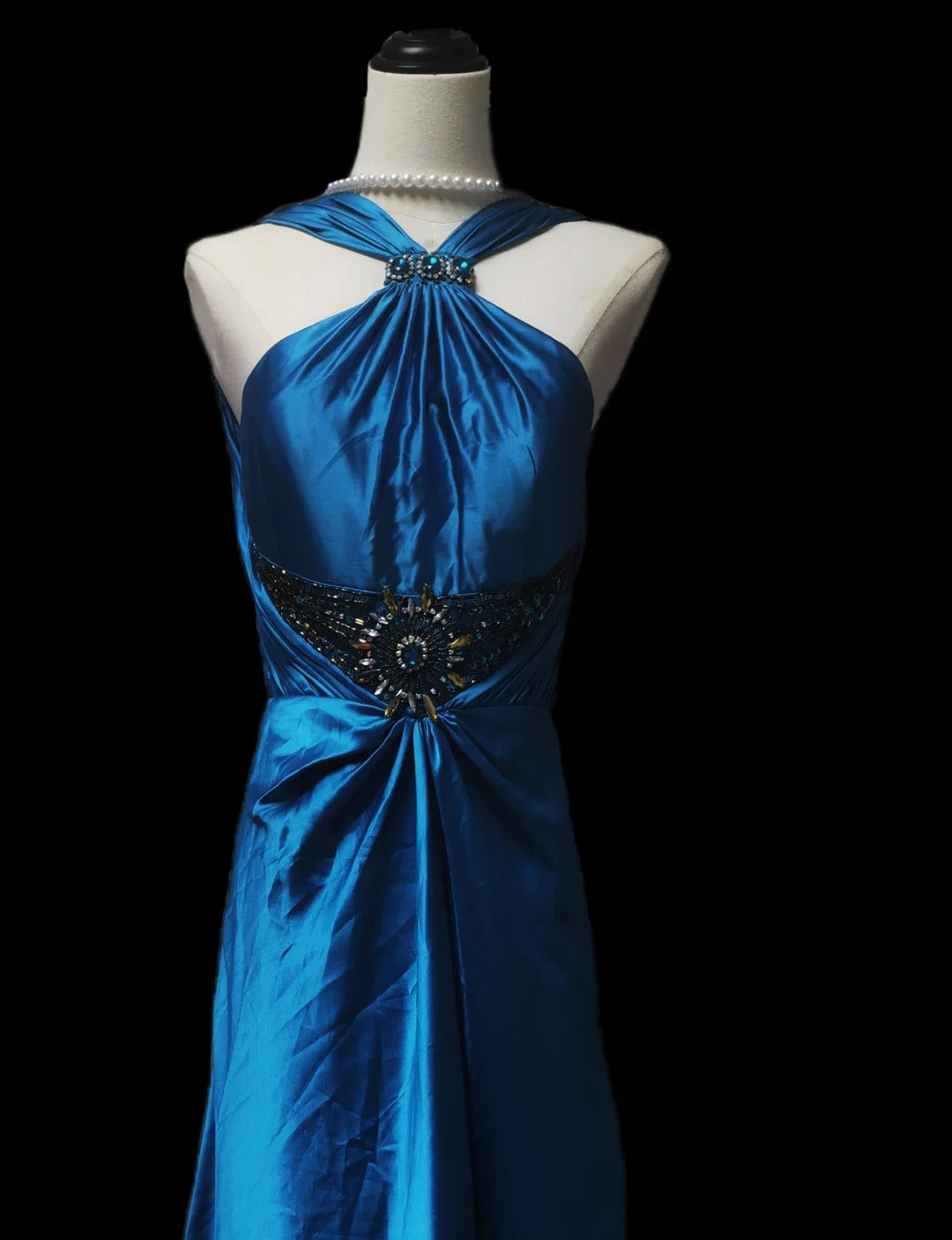 Blue Stylish Elegant Exquisite Gemstone Beaded Long Satin Floor Length Ball Gown Evening Gown Party Dress Prom Gown nv3900