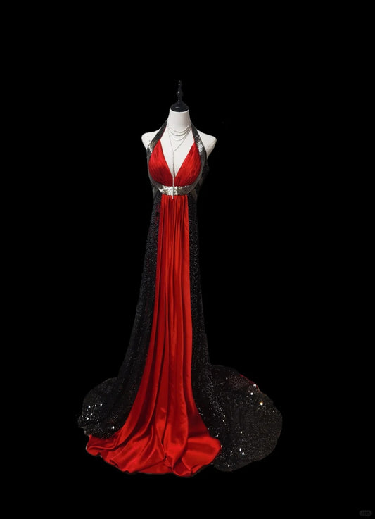 Black red gorgeous retro fashionable V-neck elegant and exquisite sequined long satin floor-length tail ball gown evening dress prom dress nv3943