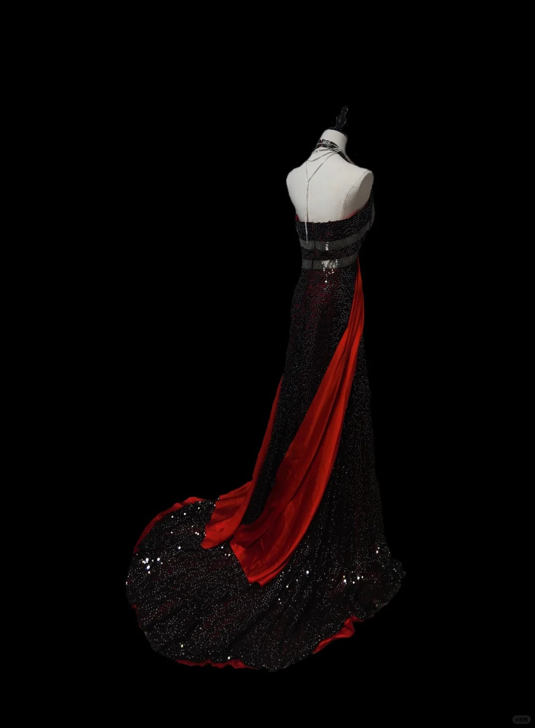 Black red gorgeous retro fashionable V-neck elegant and exquisite sequined long satin floor-length tail ball gown evening dress prom dress nv3943