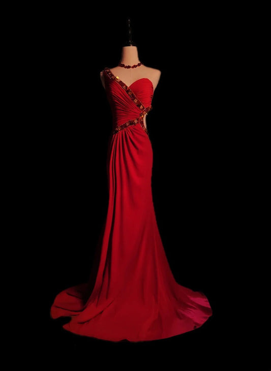 Red Gorgeous Retro Fashion Elegant Exquisite Beaded Waistless Long Satin Floor-Length Trailing Prom Dress Evening Dress Prom Dress nv3942