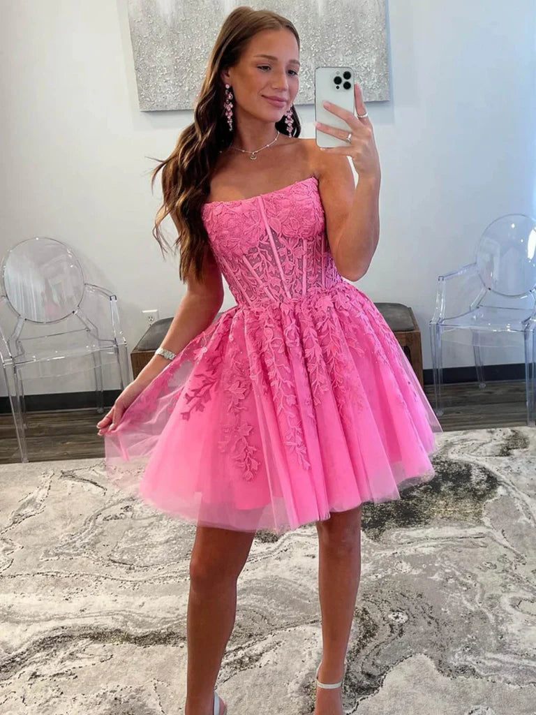 Strapless Hot Pink Lace Prom Dresses, Hot Pink Lace Homecoming Dresses, Short Hot Pink Formal Graduation Evening Dresses nv1487