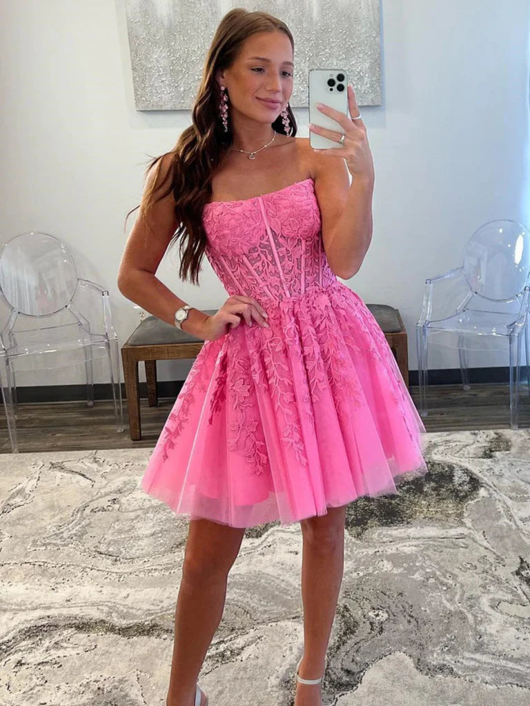 Strapless Hot Pink Lace Prom Dresses, Hot Pink Lace Homecoming Dresses, Short Hot Pink Formal Graduation Evening Dresses nv1487