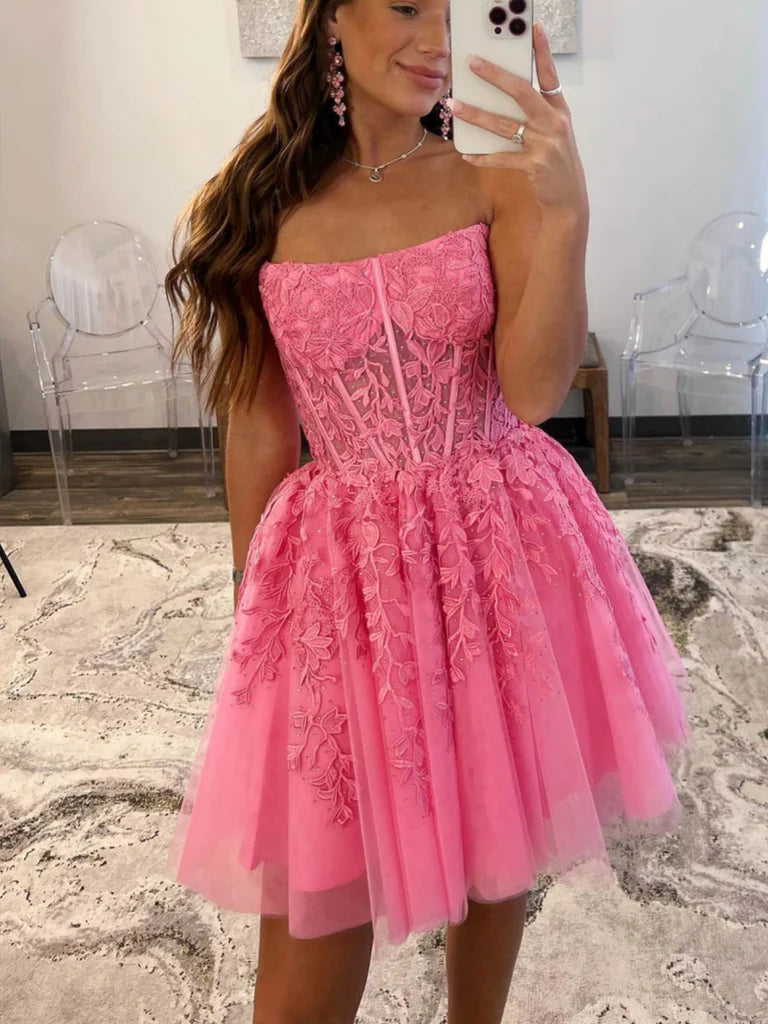 Strapless Hot Pink Lace Prom Dresses, Hot Pink Lace Homecoming Dresses, Short Hot Pink Formal Graduation Evening Dresses nv1487