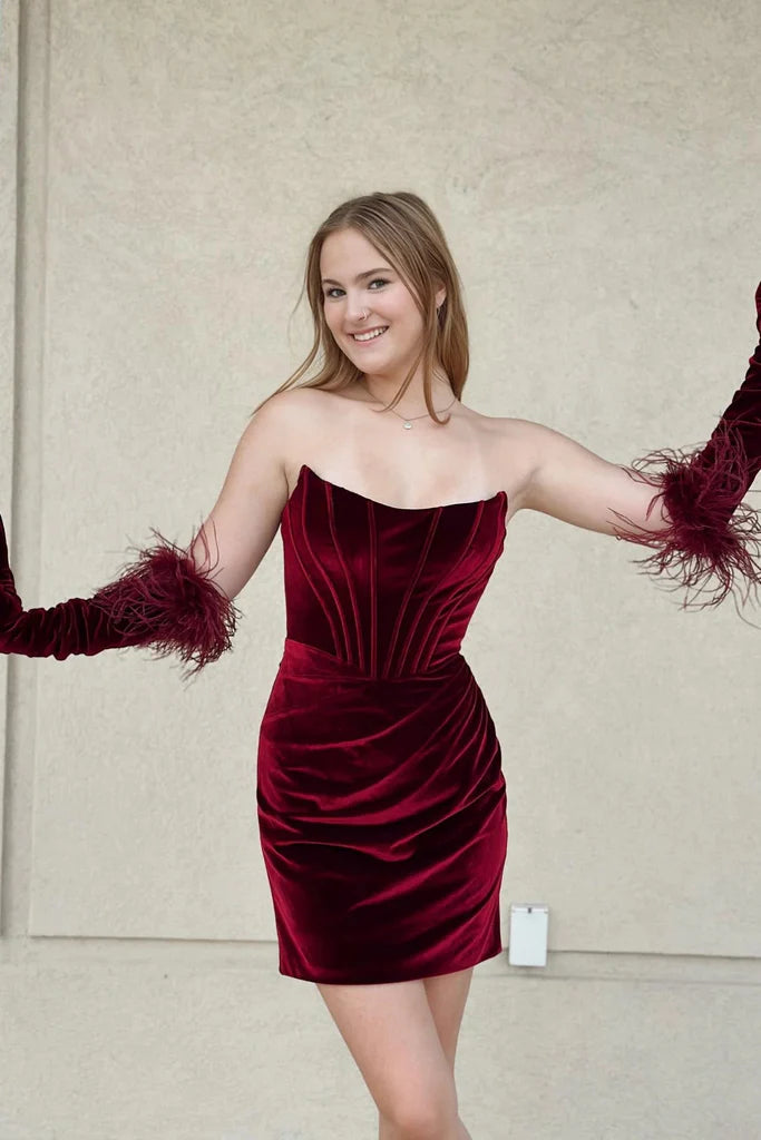 Strapless Mermaid Burgundy Velvet Short Prom Dress Mermaid Wine Red Homecoming Dress Burgundy Velvet Formal Evening Dress nv1568