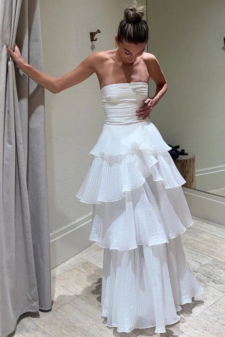 Strapless White Pleated Layers Long Prom Dress Sleeveless Evening Gown nv1596