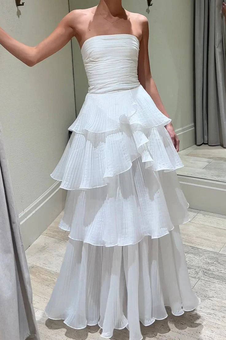 Strapless White Pleated Layers Long Prom Dress Sleeveless Evening Gown nv1596