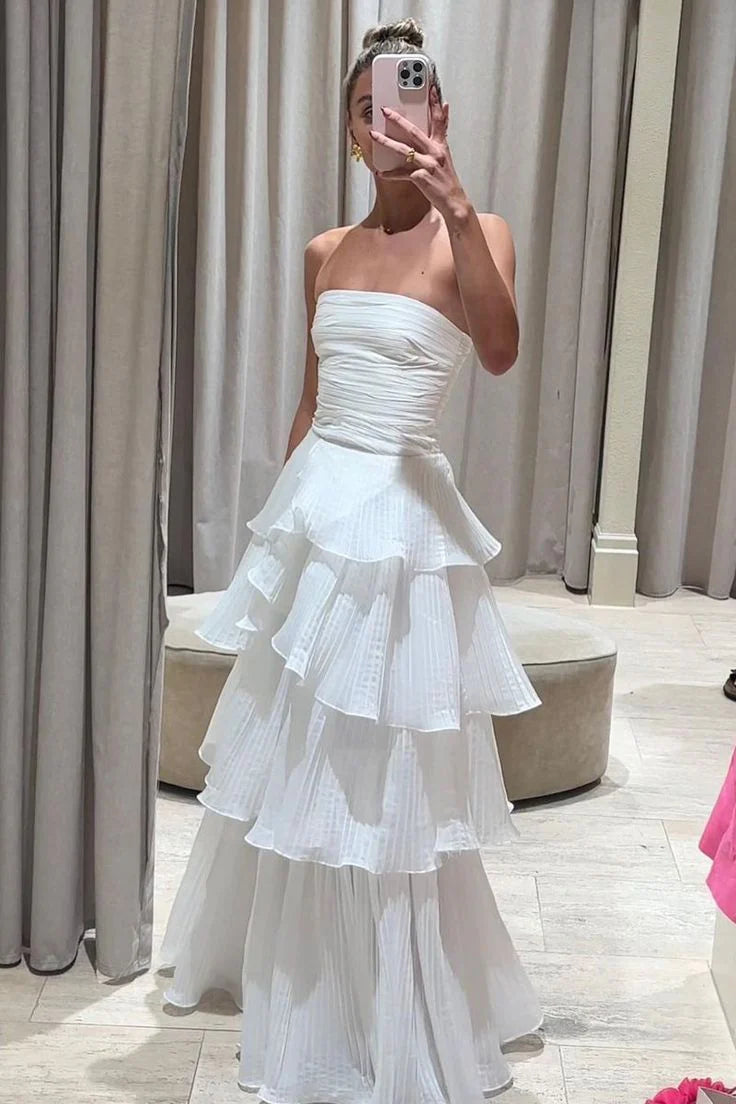 Strapless White Pleated Layers Long Prom Dress Sleeveless Evening Gown nv1596