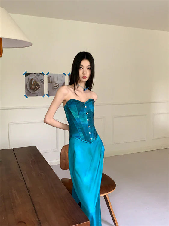 Two piece sweetheart elegant peacock blue satin ball gown party dress evening dress suit nv1782