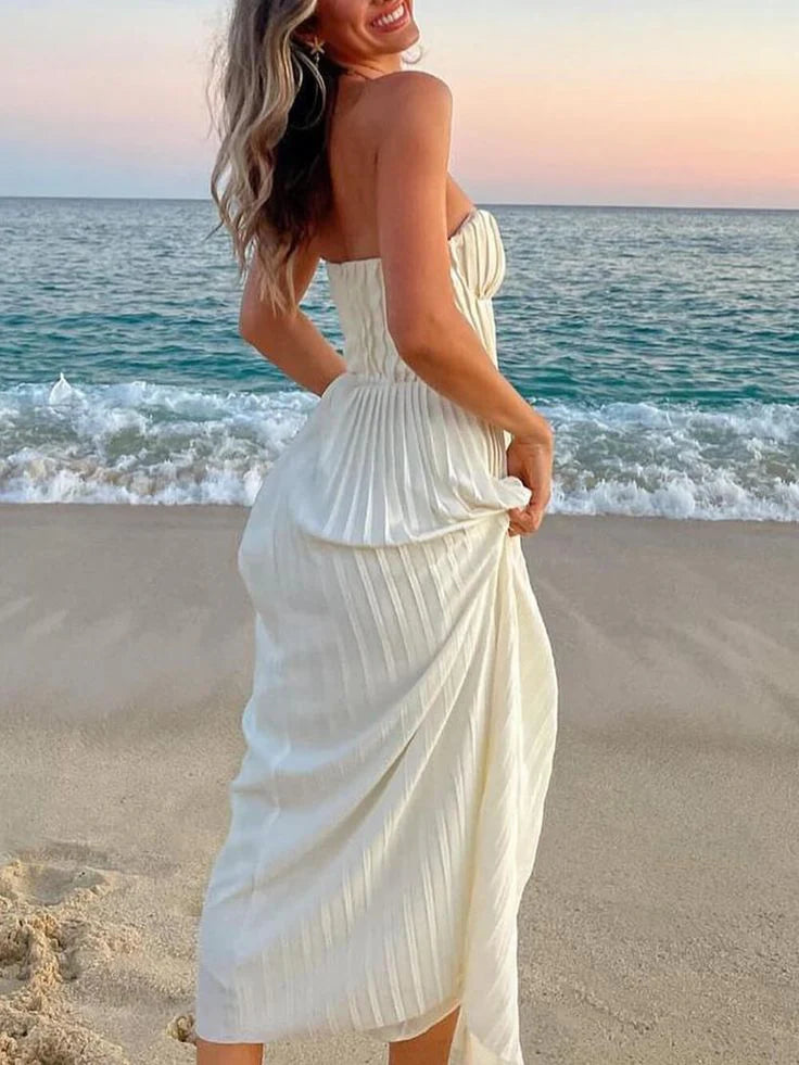 White sweetheart pleated off-shoulder long satin ball gown, evening dress, beach holiday party dress nv2282
