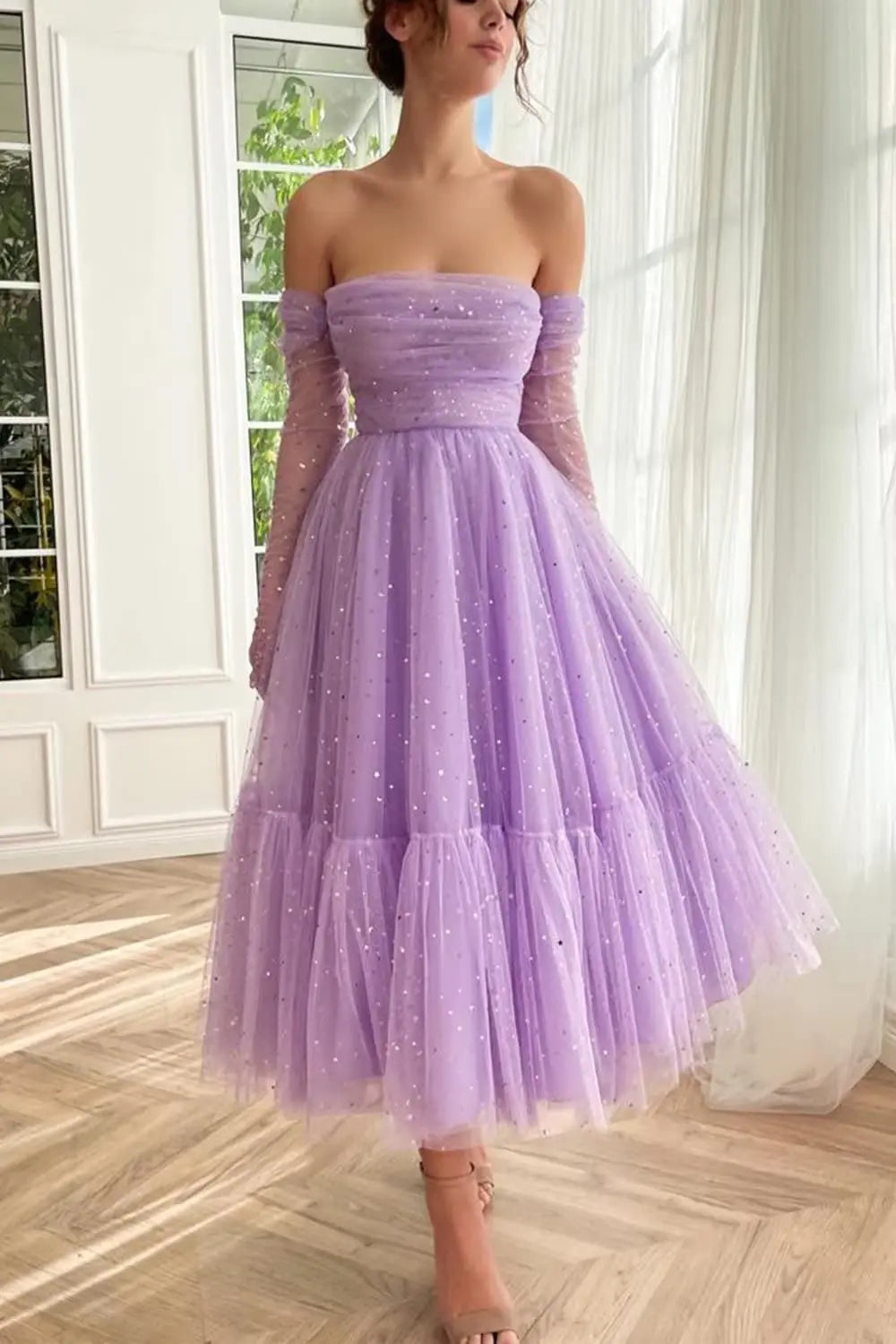 Sparkly Tulle Prom Dresses for Sweet Dress Tea Length Formal Evening Dress Sheer Mesh Party Ball Gown nv1643