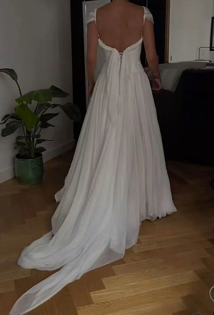 White Solid Pretty Charming Long Chiffon A-Line Floor Length Train Ball Gown Evening Dress Wedding Bridesmaid Dresses prom dress nv3825