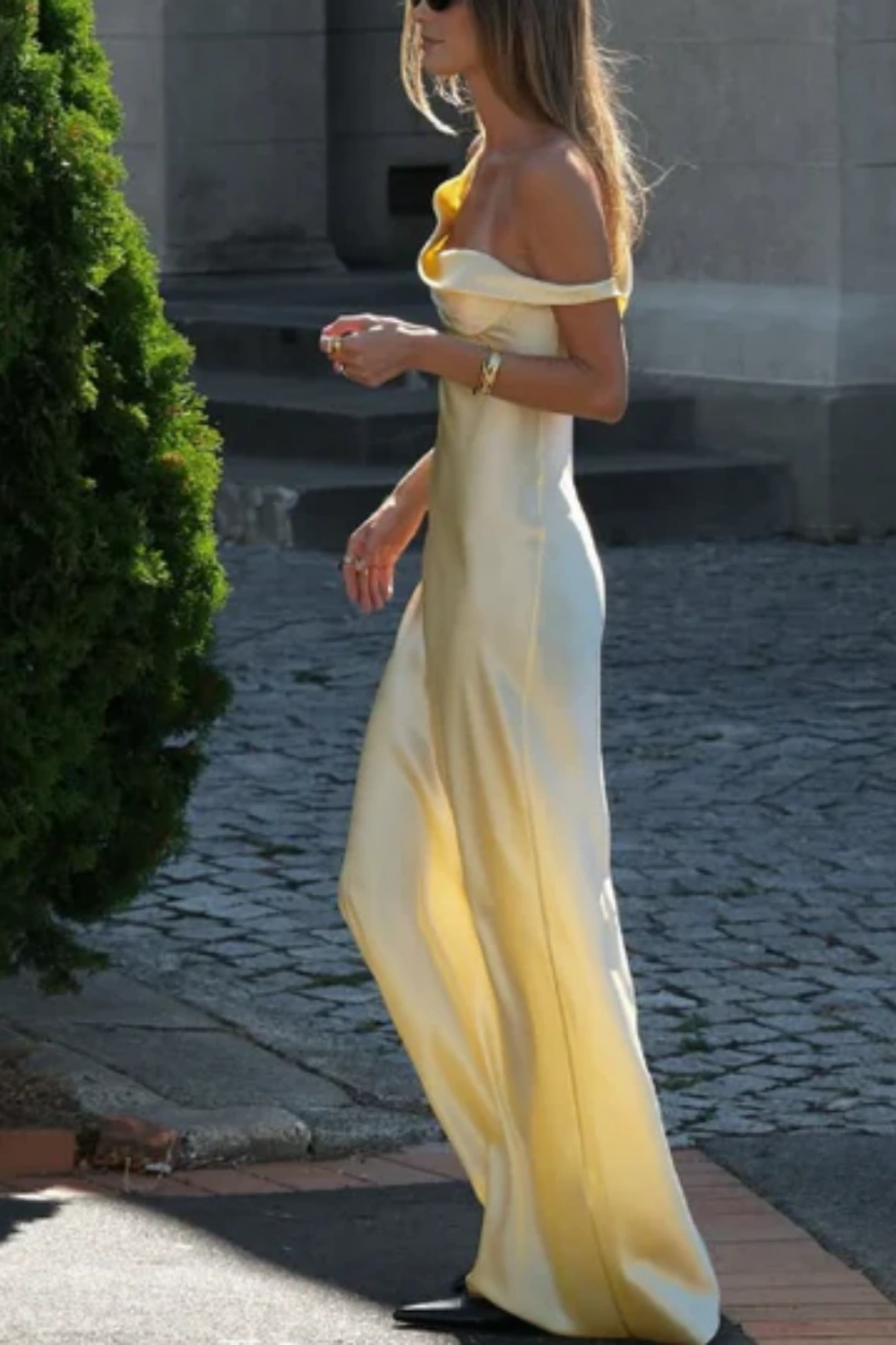 Elegant Light Yellow A Line Strap Satin Long Prom Dress Evening Dress nv5393