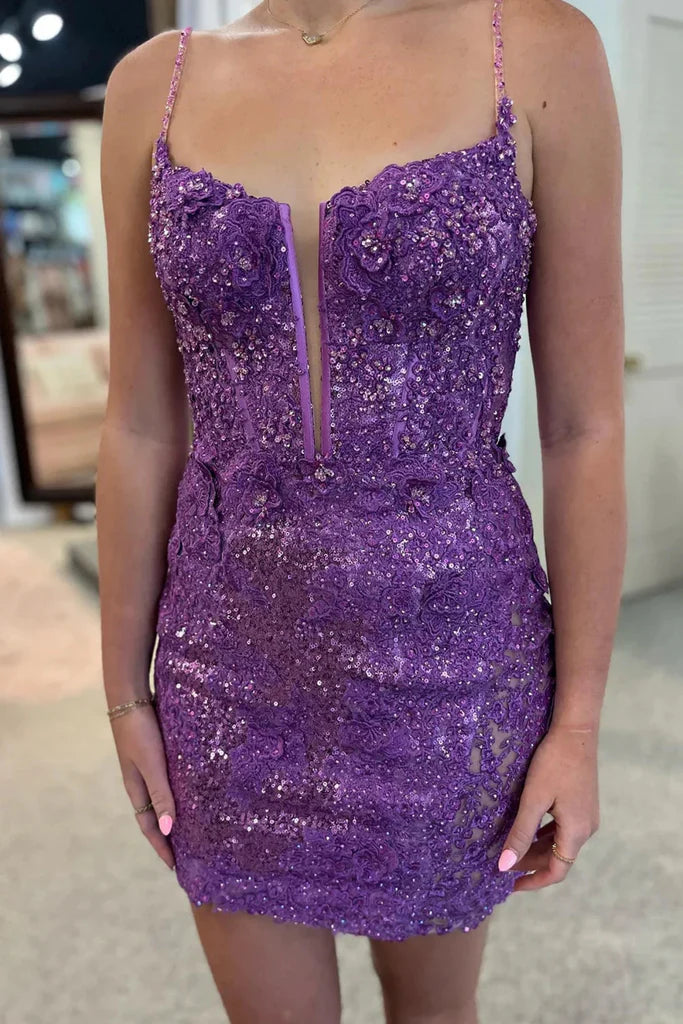 V Neck Open Back Purple Lace Sequins Prom Dresses, Purple Lace Homecoming Dresses, Short Purple Sequins Formal Evening Dresses nv1471