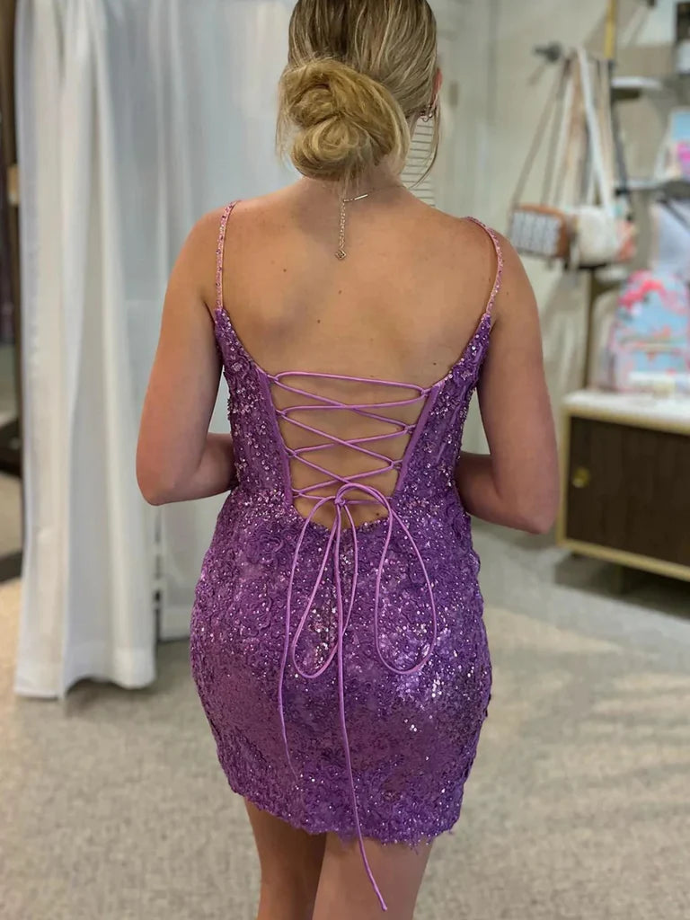 V Neck Open Back Purple Lace Sequins Prom Dresses, Purple Lace Homecoming Dresses, Short Purple Sequins Formal Evening Dresses nv1471