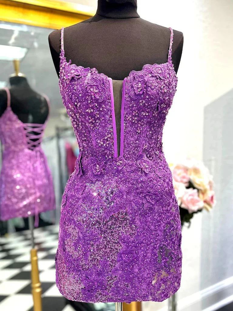 V Neck Open Back Purple Lace Sequins Prom Dresses, Purple Lace Homecoming Dresses, Short Purple Sequins Formal Evening Dresses nv1471