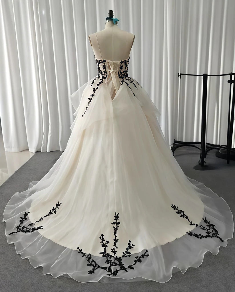Boho Retro Style Champagne & Black Vine Embroidery Strapless Train Ballgown Light Wedding Dress - Outdoor Garden Wedding Guest Gown NV6340