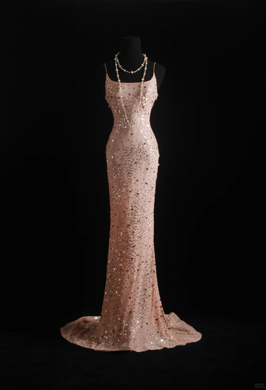 Pink vintage handmade dress with sequin beads sparkling stars. Long chiffon ball gown or evening dress nv5206