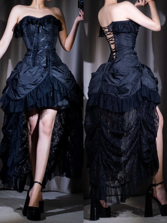 Black Lace Corset Long Chiffon Prom Dress Evening Dress Party Dress nv5132