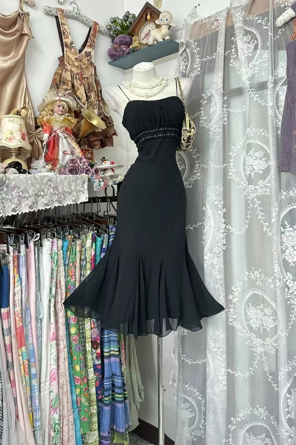 Vintage Halter Neck Multi-Layer Ruffle Little Black Dress Slim Fit Evening Mini Dress NV6833