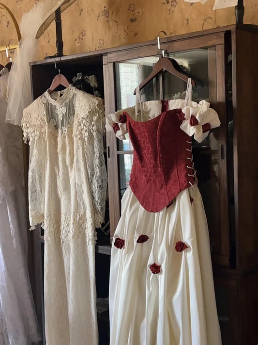 Red vintage floral long satin ball gown evening dress graduation dress nv4442