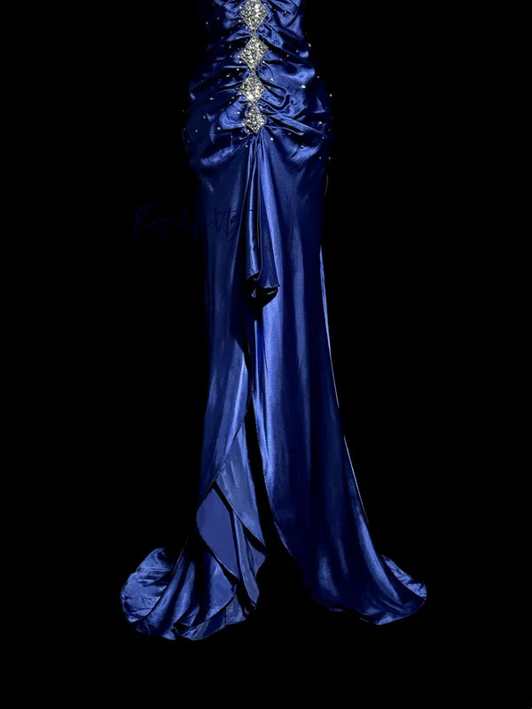 Blue exquisite beaded spaghetti strap satin long prom dress evening dress party dress graduation dress nv4264