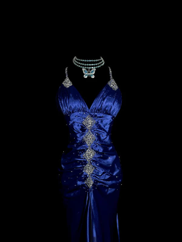 Blue exquisite beaded spaghetti strap satin long prom dress evening dress party dress graduation dress nv4264