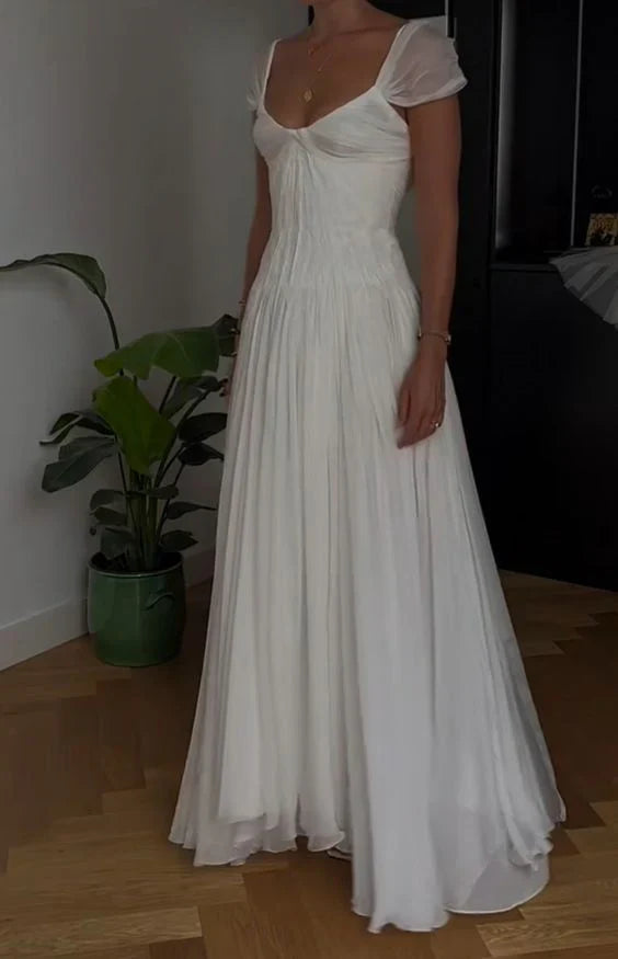 White Solid Pretty Charming Long Chiffon A-Line Floor Length Train Ball Gown Evening Dress Wedding Bridesmaid Dresses prom dress nv3825
