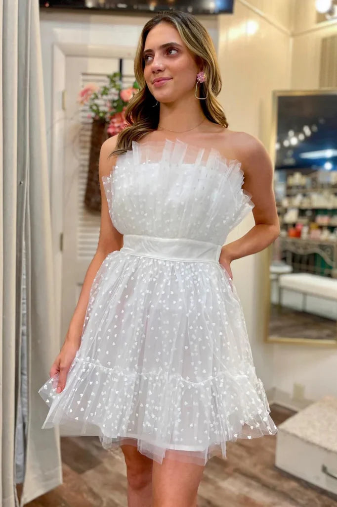 White Polka Dot Strapless Ruffle Short Prom Dress, White Tulle Homecoming Dress, White Formal Evening Dress nv1534