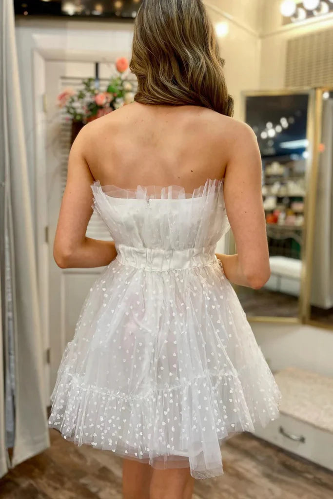 White Polka Dot Strapless Ruffle Short Prom Dress, White Tulle Homecoming Dress, White Formal Evening Dress nv1534