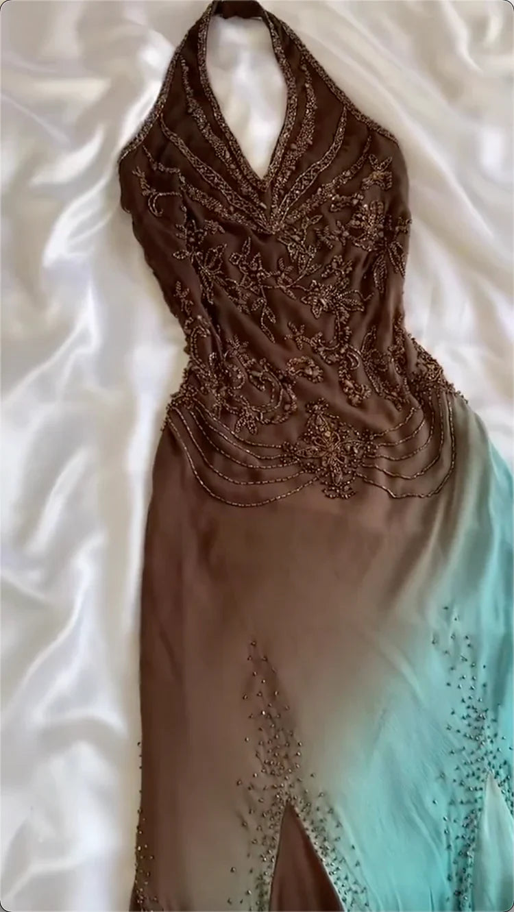 NiceVestidos--Mint chocolate blue and brown exquisite beaded suspenders long chiffon fashion gradient prom dress NV5675