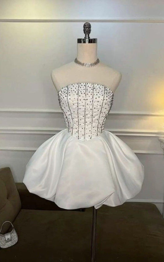 White/Pink Fashion Beading Elegant Short Satin Homecoming Dress Party Gown nv4856