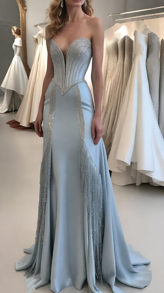 Light blue gorgeous beaded shiny sexy elegant mermaid bodycon long floor-length evening gown prom dress party dress wedding dress nv5118