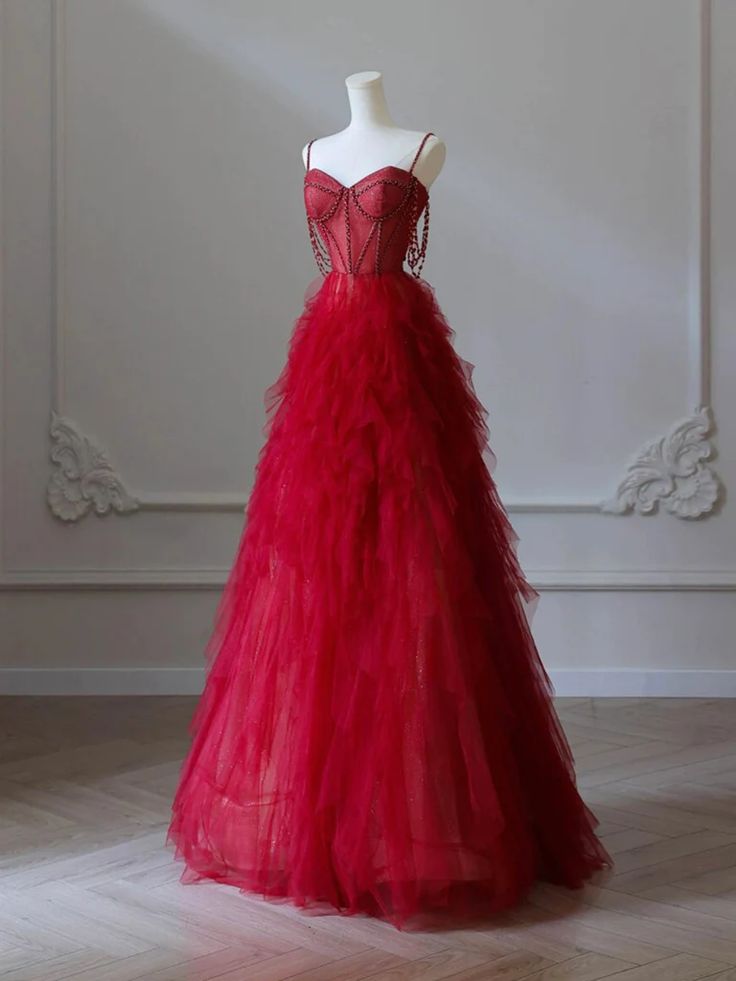NiceVestidos--Red Spaghetti - Strap Beaded Tulle Gown, Romantic Layered Train Banquet Dress NV5758