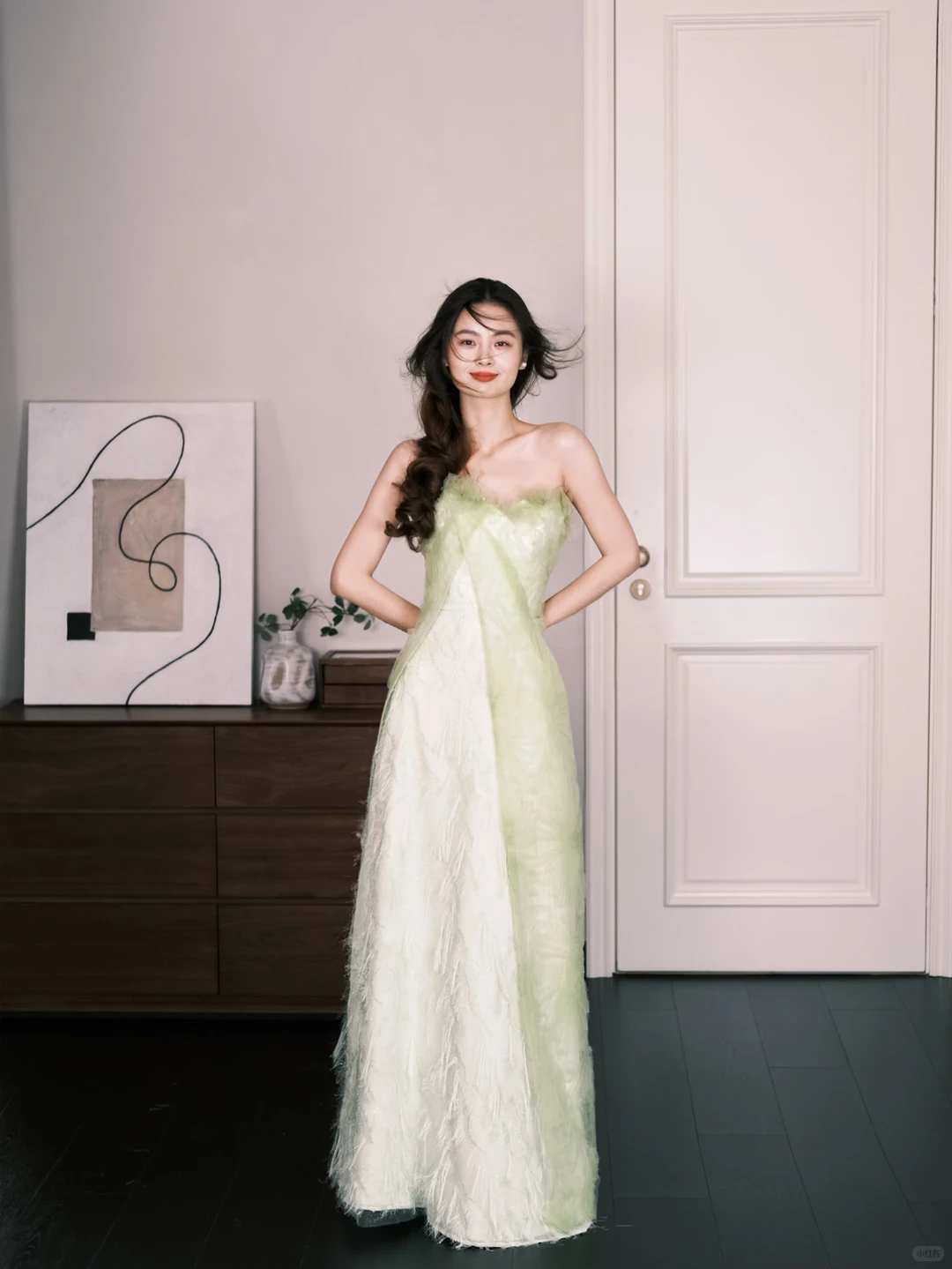 Mint Green Strapless Feather Tulle Evening Gown, Fairy Prom Dress NV7290