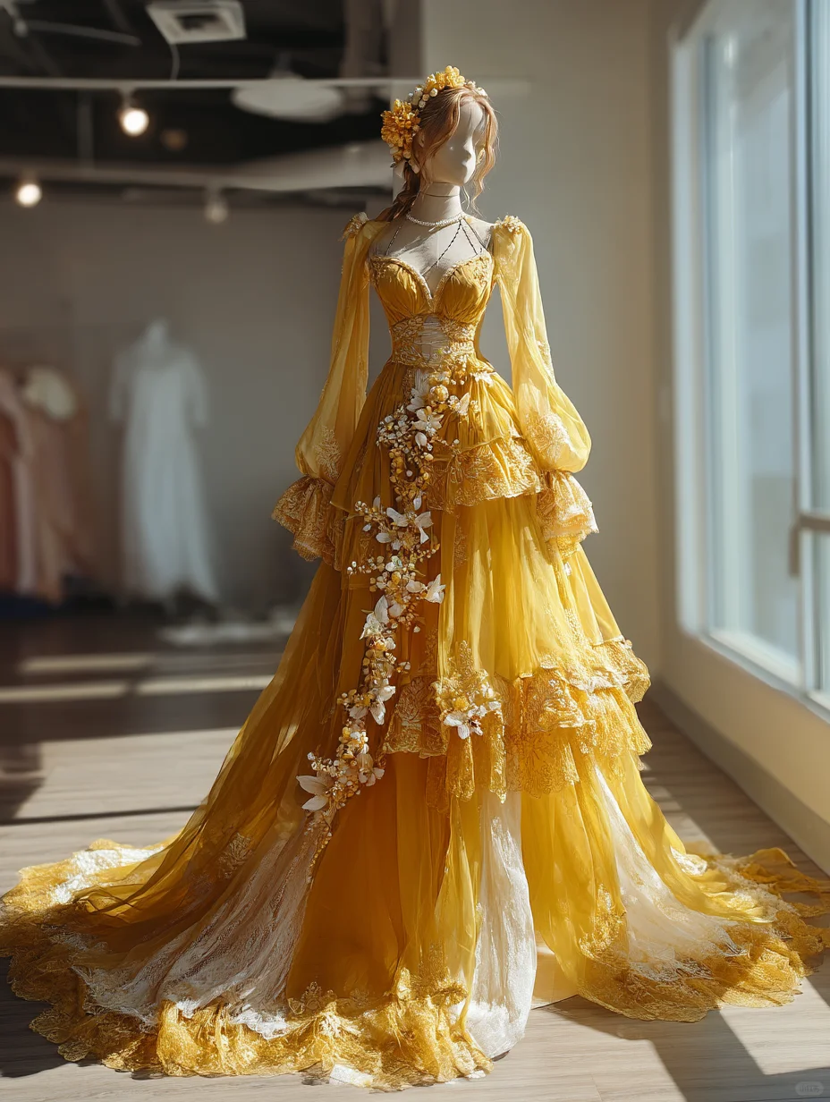 Golden Yellow 3D Floral Tiered Lace Ball Gown with Puff Sleeve and Long Train NV7487