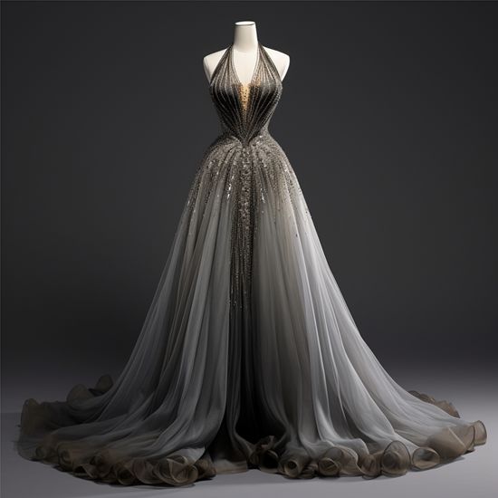 NiceVestidos-Grey-Gold Gradient Tulle Halter-Neck Beaded-Embellished Floor-Length Train Gown NV6218