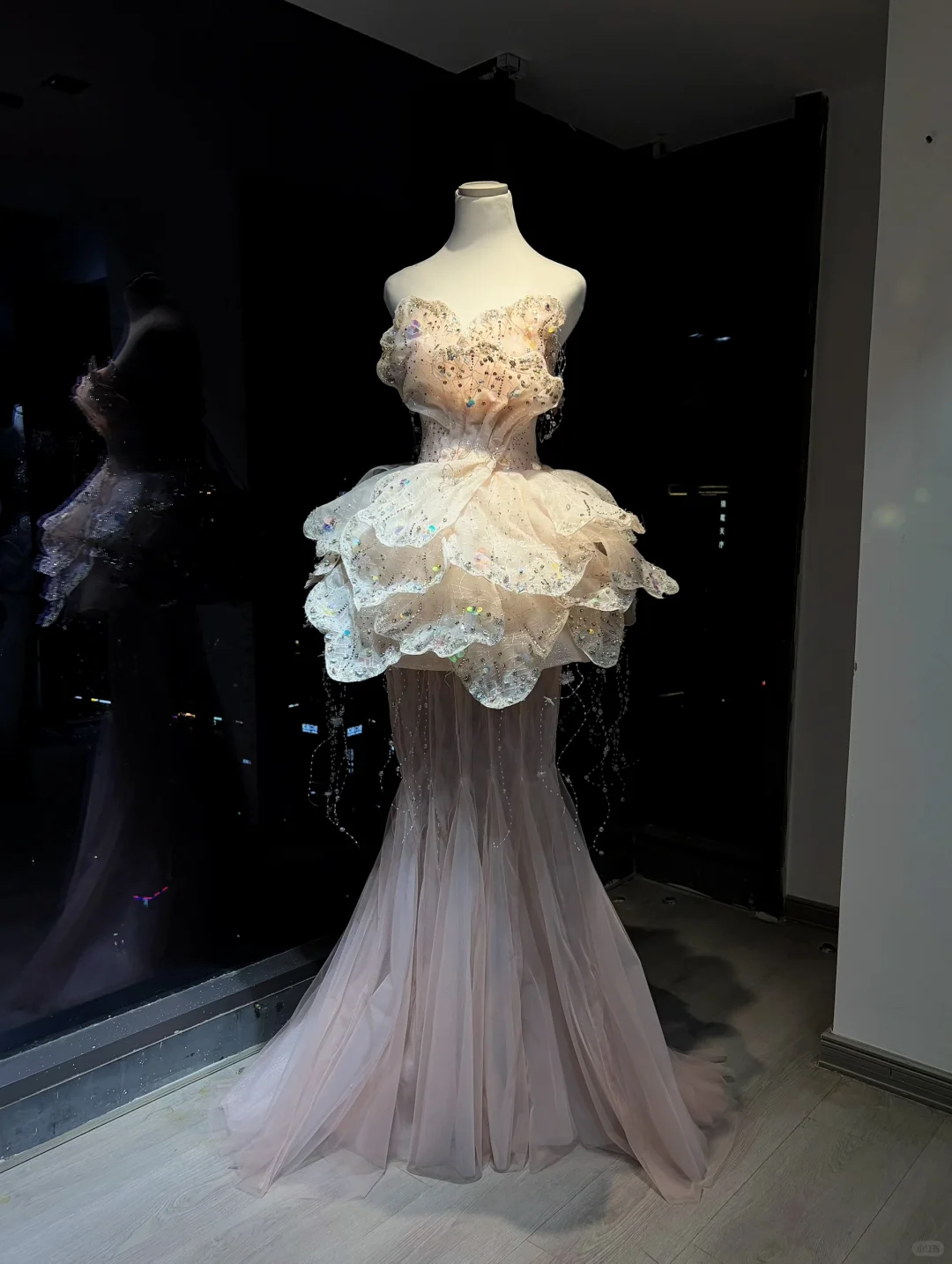 Nude Pink Strapless Mermaid Formal Gown Beaded Sequin Petal Ruffle Tulle Evening Dress NV6968