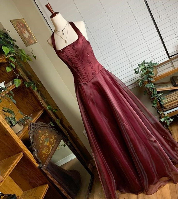 Burgundy red vintage elegant shiny beaded long tulle ball gown evening dress party dress nv2608