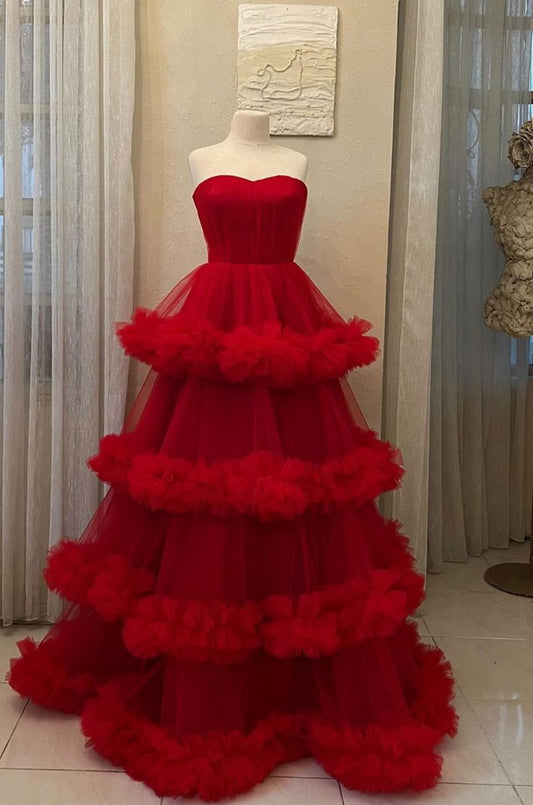 Red ruffled elegant fashion long tulle ball gown evening dress nv4912