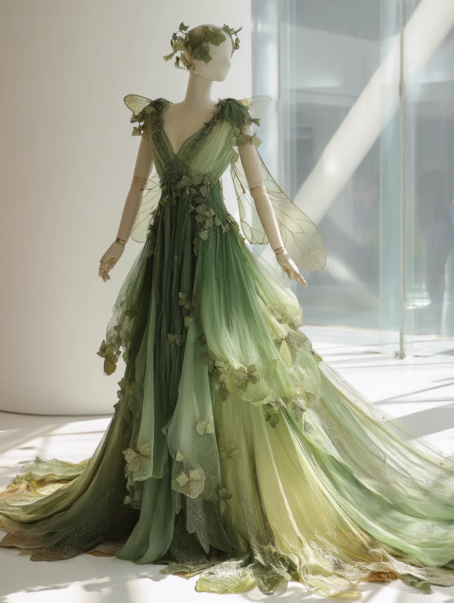 Ombre Green Fairy Tulle Gown with Transparent Cicada Wings and Long Train NV7497